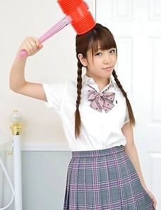Mizuho Shiraishi with uniform and pigtails plays like child