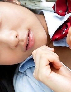 Miho Morita takes school uniform off and shows body outdoor