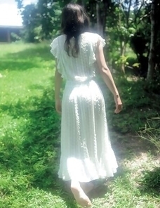 Neo babe in white dress loves feeling her body in water