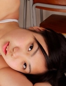 Miho Takai in nylon outfit plays with ball and on desks