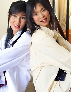 Ae and Yoko are both wearing shirts with ties. These hot babes begin touching each other and getting themselves extremely horny.