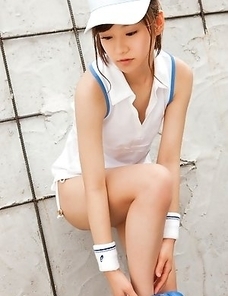 Kana Yuuki takes tennis skirt off while playing with ball