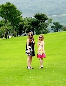 Cute Japanese babes pose outdoors