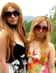 Cute Japanese chicks munch a stiffy
