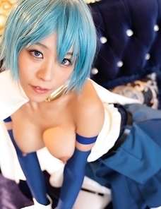 Busty japanese Nanako Nanahara cosplay, spreading legs and showing her shaved pussy