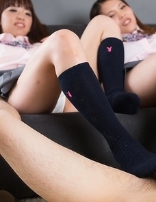 Teenage girlfriends Nishino Ena and Momoi Momo using their feet for his pleasure